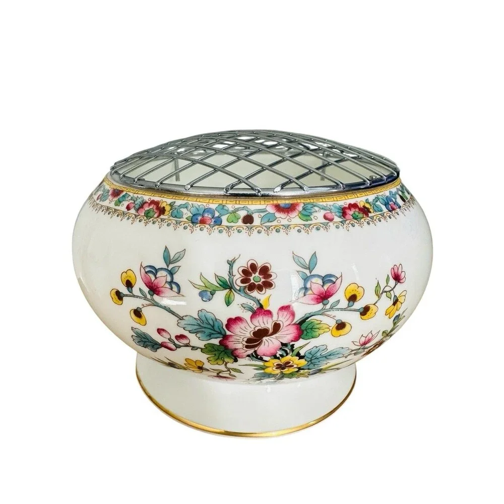 Coalport China Ming Rose Rose Bowl Wire Frog For Flowers 6"W x 4"H Vintage Rare - Picture 3 of 12